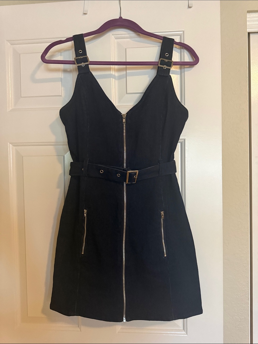 Blue Blush Black Zip-Front Belted Mini Dress